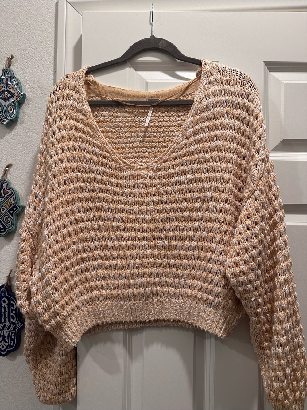 Free People Peach-Cream Open Knit Scoop Neck Sweater